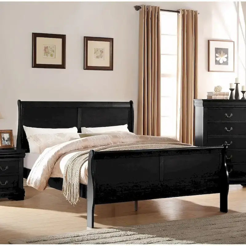 Lit King Noir Transitional en Bois de Pin Massif avec Placage de Gomme et Quincaillerie en Laiton Antique