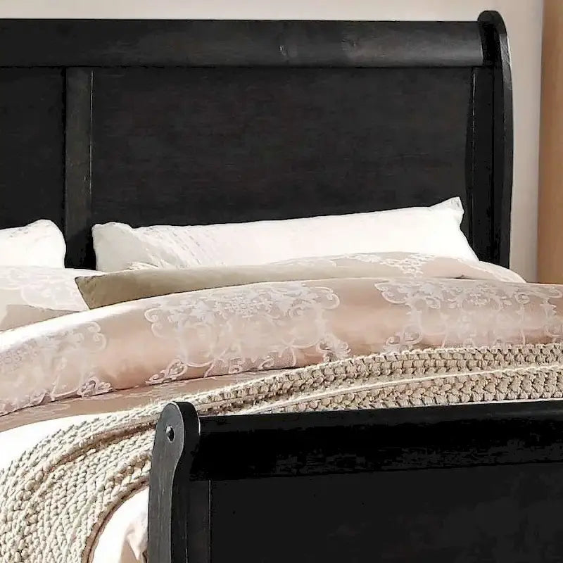 Lit King Noir Transitional en Bois de Pin Massif avec Placage de Gomme et Quincaillerie en Laiton Antique