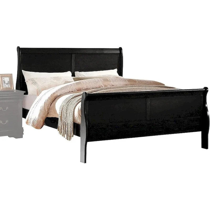 Lit King Noir Transitional en Bois de Pin Massif avec Placage de Gomme et Quincaillerie en Laiton Antique