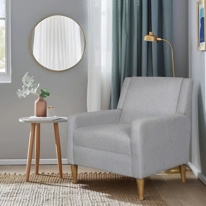 Fauteuil d'appoint moderniste minimaliste rembourré gris, ressorts sinueux, cadre en bois massif
