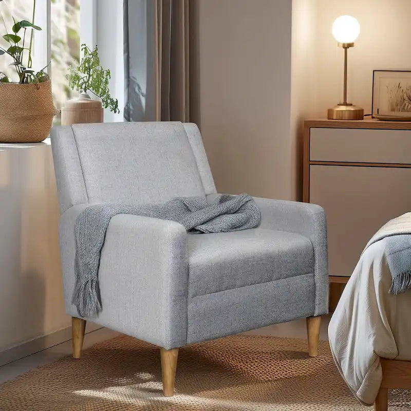Fauteuil d'appoint moderniste minimaliste rembourré gris, ressorts sinueux, cadre en bois massif