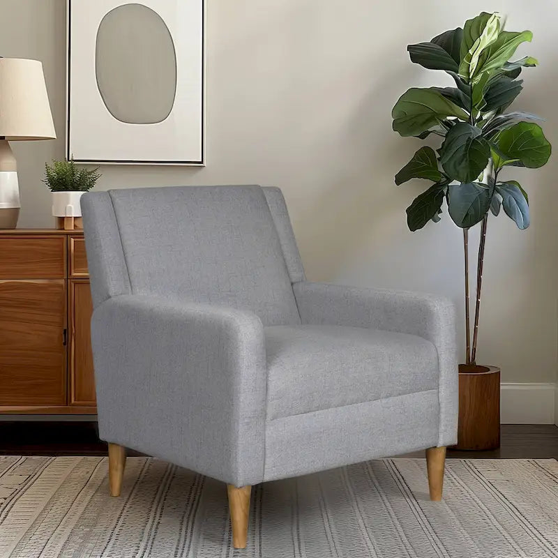 Fauteuil d'appoint moderniste minimaliste rembourré gris, ressorts sinueux, cadre en bois massif