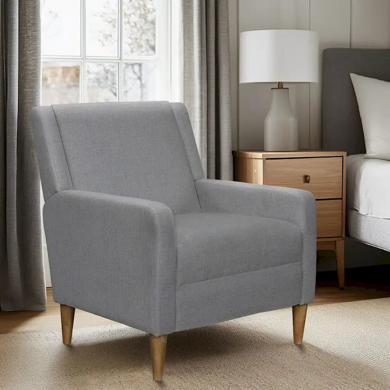 Fauteuil d'appoint moderniste minimaliste rembourré gris, ressorts sinueux, cadre en bois massif