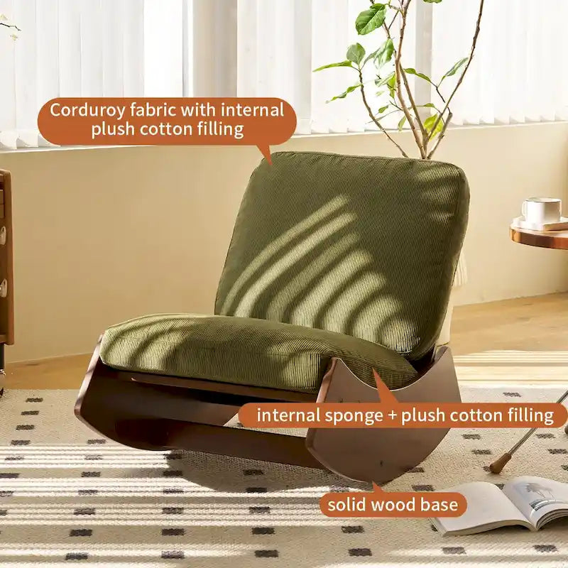 Fauteuil à bascule planeur rétro en velours côtelé blanc Cadre en bois massif Ergonomique