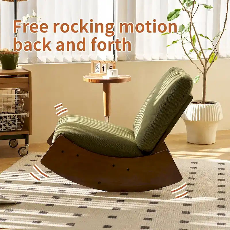 Fauteuil à bascule planeur rétro en velours côtelé blanc Cadre en bois massif Ergonomique