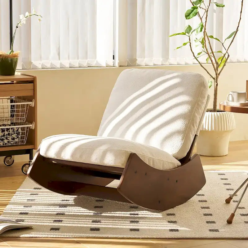 Fauteuil à bascule planeur rétro en velours côtelé blanc Cadre en bois massif Ergonomique