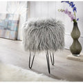 Tabouret d'appoint rond en fausse fourrure avec pieds épingle en métal gris glamour
