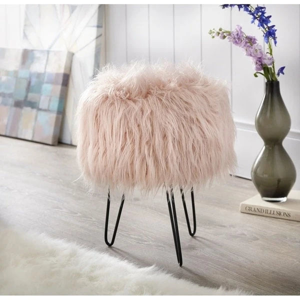 Tabouret d'appoint rond en fausse fourrure avec pieds épingle en métal gris glamour