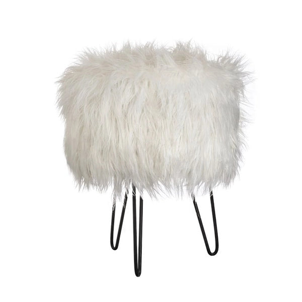 Tabouret d'appoint rond en fausse fourrure avec pieds épingle en métal gris glamour