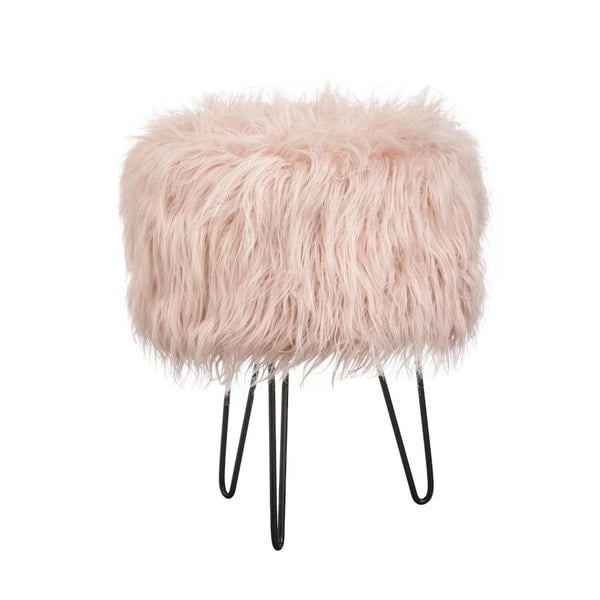 Tabouret d'appoint rond en fausse fourrure avec pieds épingle en métal gris glamour