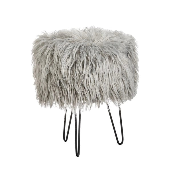 Tabouret d'appoint rond en fausse fourrure avec pieds épingle en métal gris glamour
