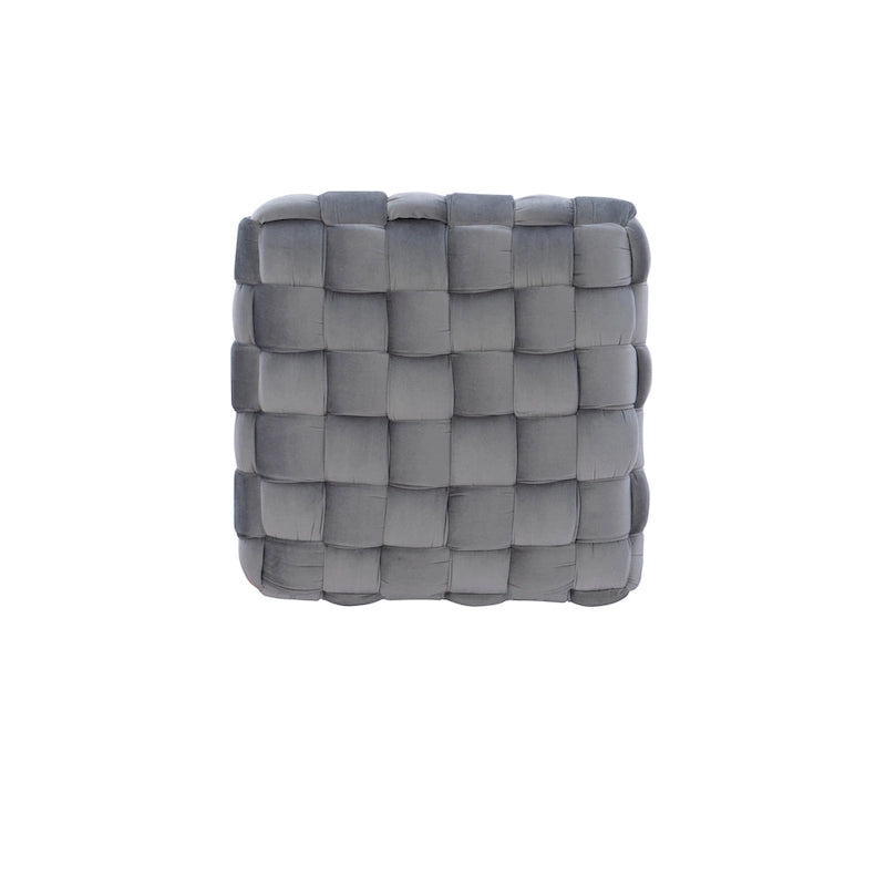 Ottoman carré gris en velours tissé main, motifs croisés, pieds épingles à cheveux