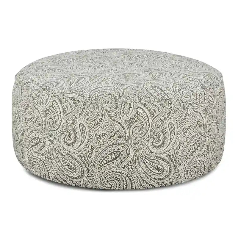 Pouf rond cocktail en chenille ivoire à motif cachemire, pieds en bois massif