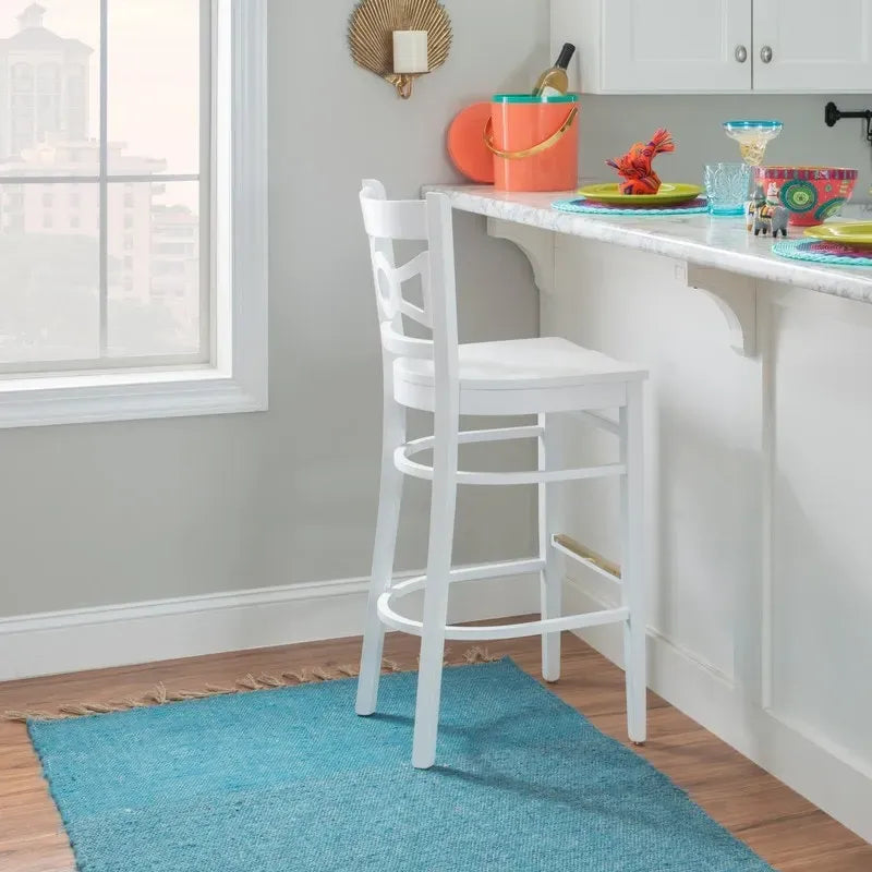 Tabouret de bar en hêtre massif blanc, dossier croisé, assise en similicuir, repose-pieds