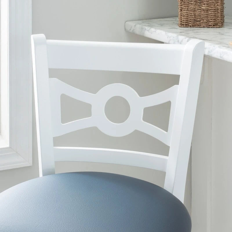 Tabouret de bar en hêtre massif blanc, dossier croisé, assise en similicuir, repose-pieds