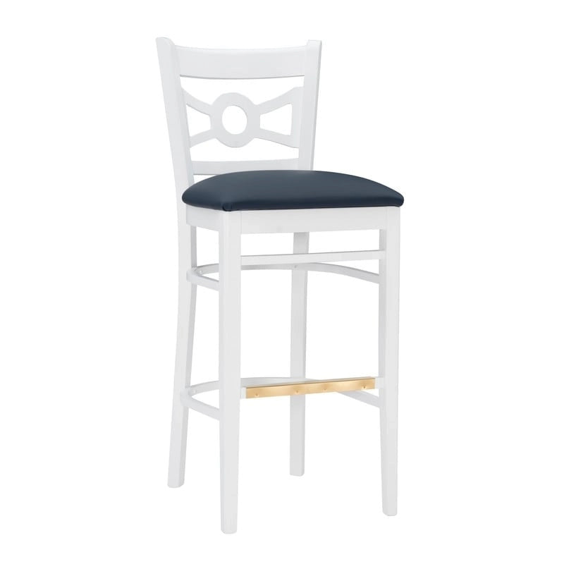 Tabouret de bar en hêtre massif blanc, dossier croisé, assise en similicuir, repose-pieds
