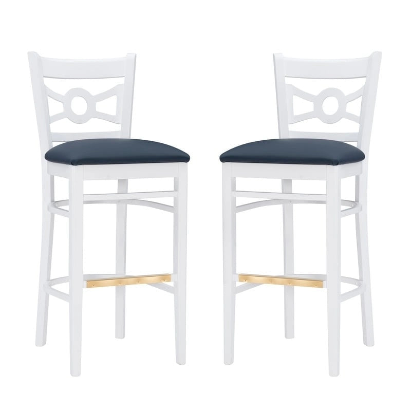Tabouret de bar en hêtre massif blanc, dossier croisé, assise en similicuir, repose-pieds