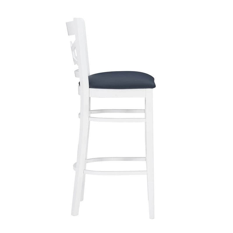Tabouret de bar en hêtre massif blanc, dossier croisé, assise en similicuir, repose-pieds
