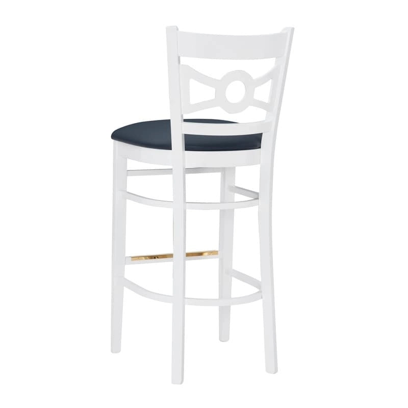 Tabouret de bar en hêtre massif blanc, dossier croisé, assise en similicuir, repose-pieds