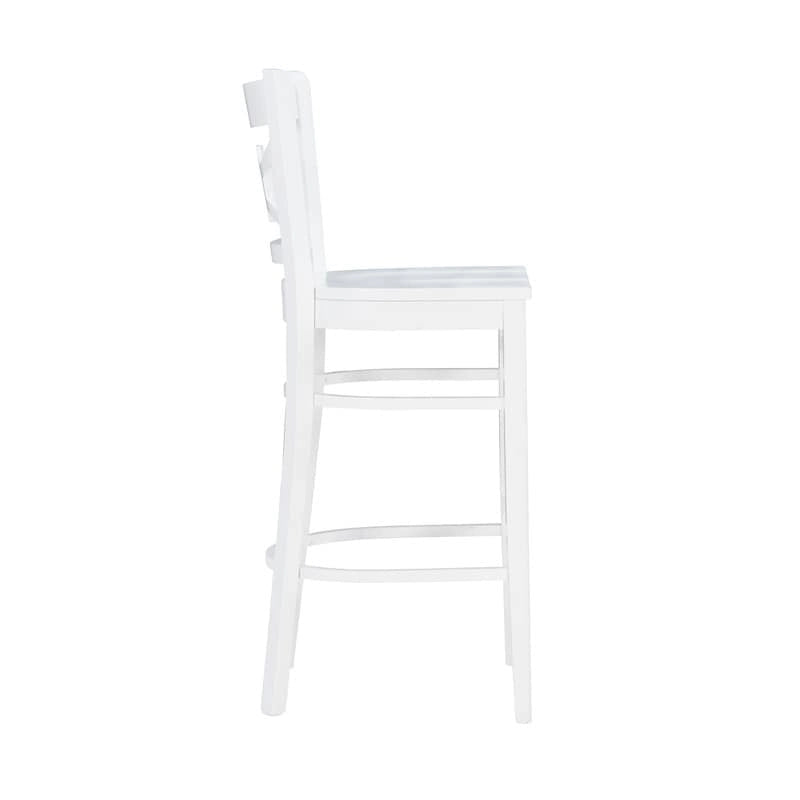 Tabouret de bar en hêtre massif blanc, dossier croisé, assise en similicuir, repose-pieds