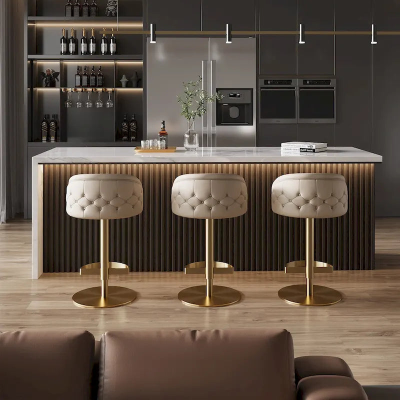 Tabouret de bar pivotant en similicuir PU kaki, hauteur réglable avec dossier capitonné