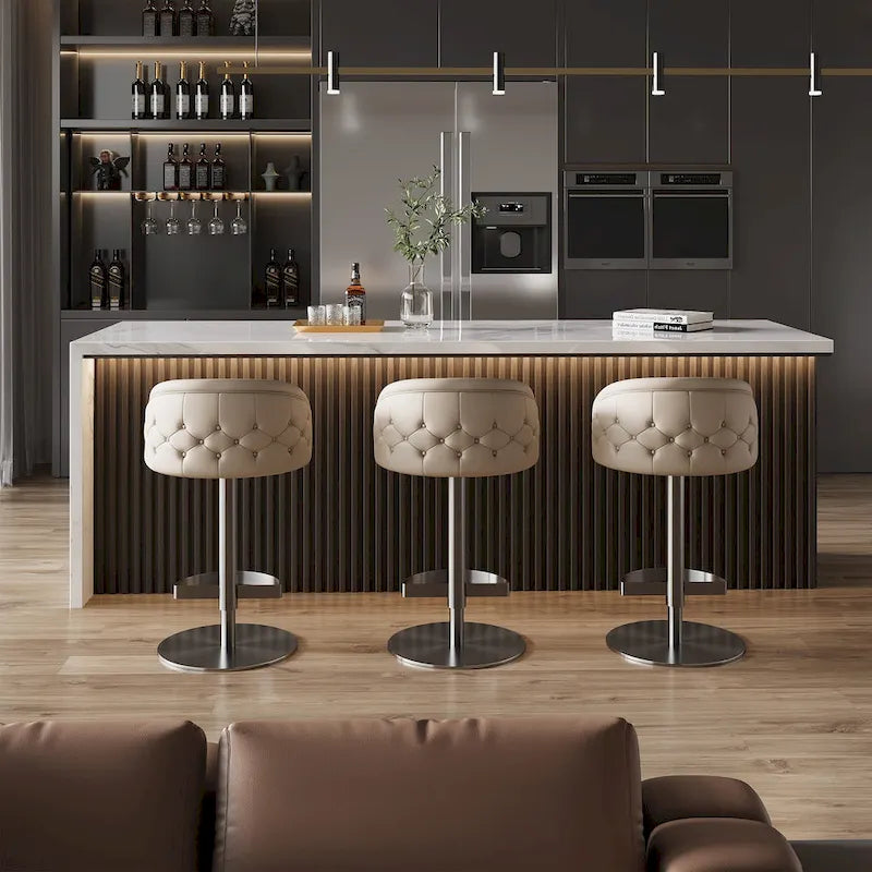 Tabouret de bar pivotant en similicuir PU kaki, hauteur réglable avec dossier capitonné