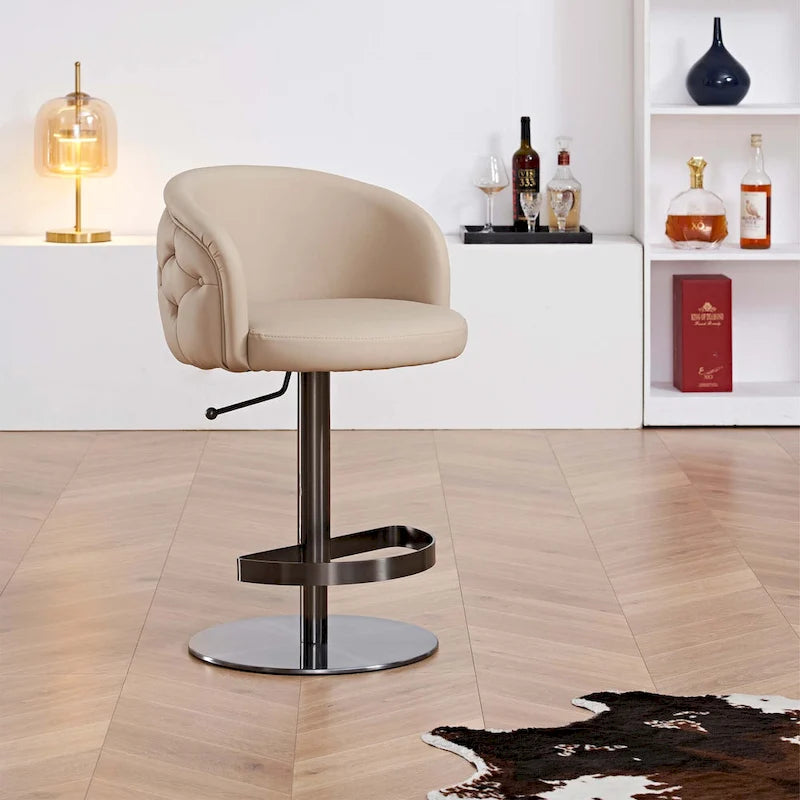 Tabouret de bar pivotant en similicuir PU kaki, hauteur réglable avec dossier capitonné