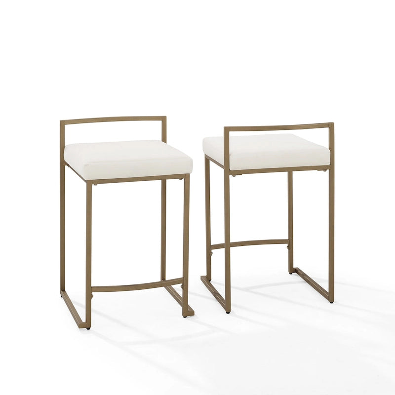 Tabouret de comptoir en velours crème, piètement luge géométrique doré, repose-pieds incurvé