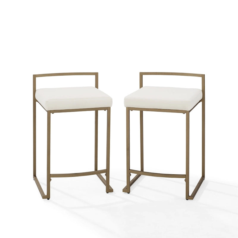 Tabouret de comptoir en velours crème, piètement luge géométrique doré, repose-pieds incurvé