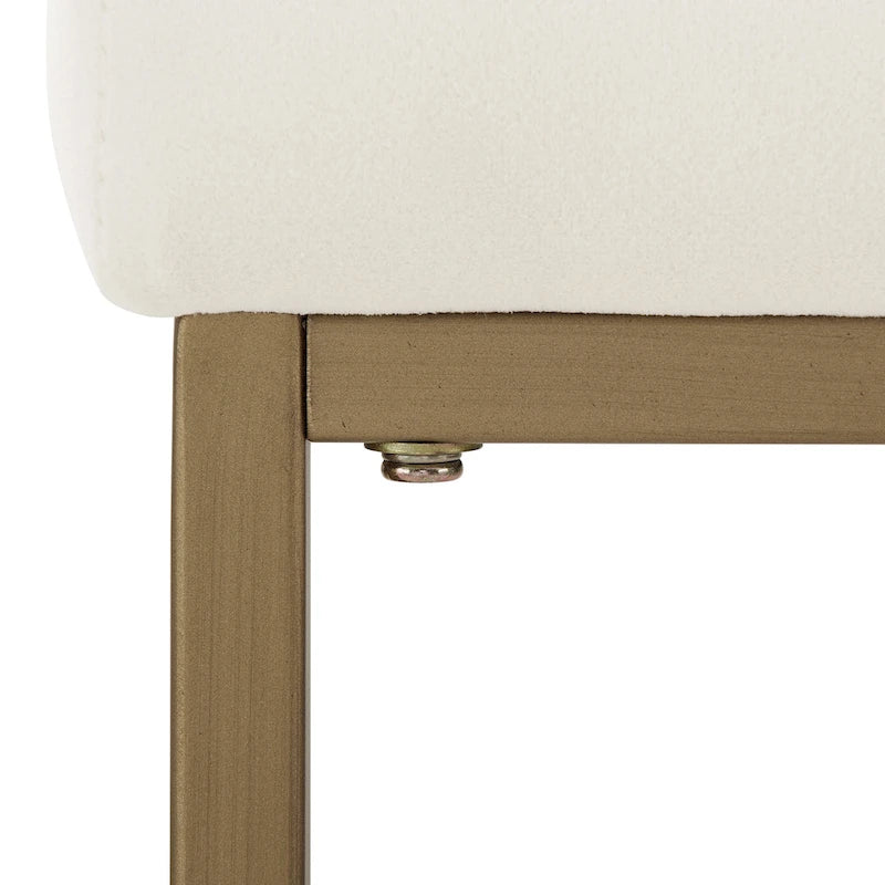Tabouret de comptoir en velours crème, piètement luge géométrique doré, repose-pieds incurvé