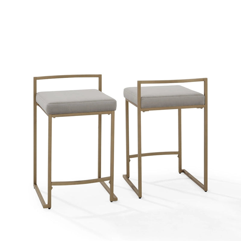 Tabouret de comptoir en velours crème, piètement luge géométrique doré, repose-pieds incurvé