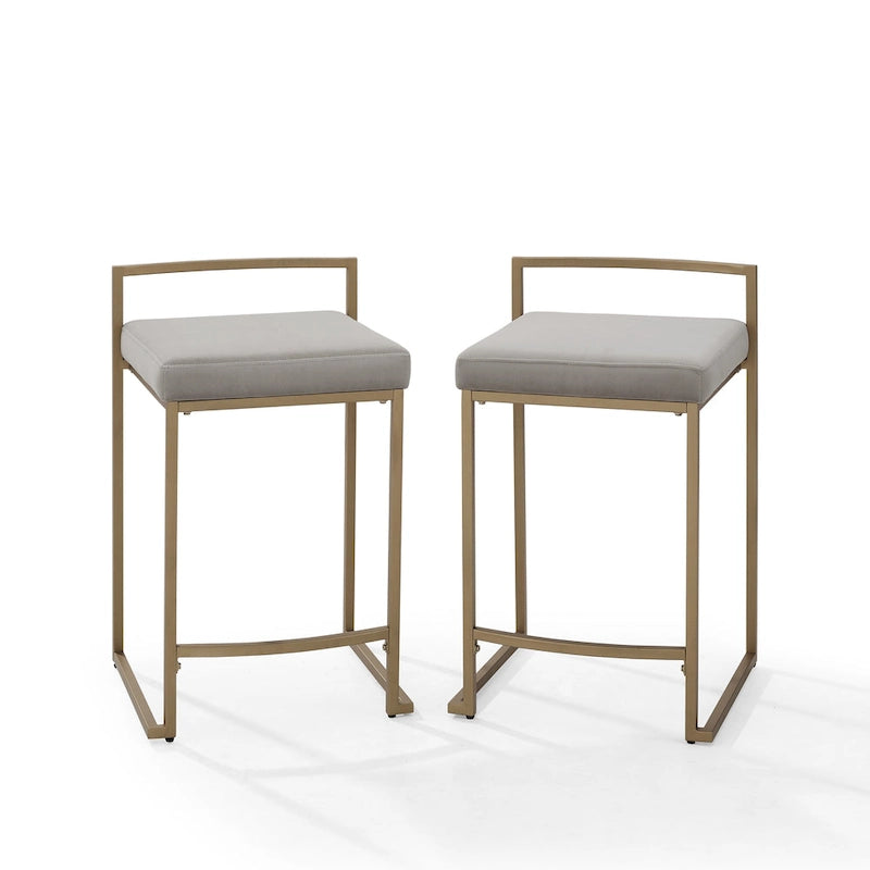 Tabouret de comptoir en velours crème, piètement luge géométrique doré, repose-pieds incurvé