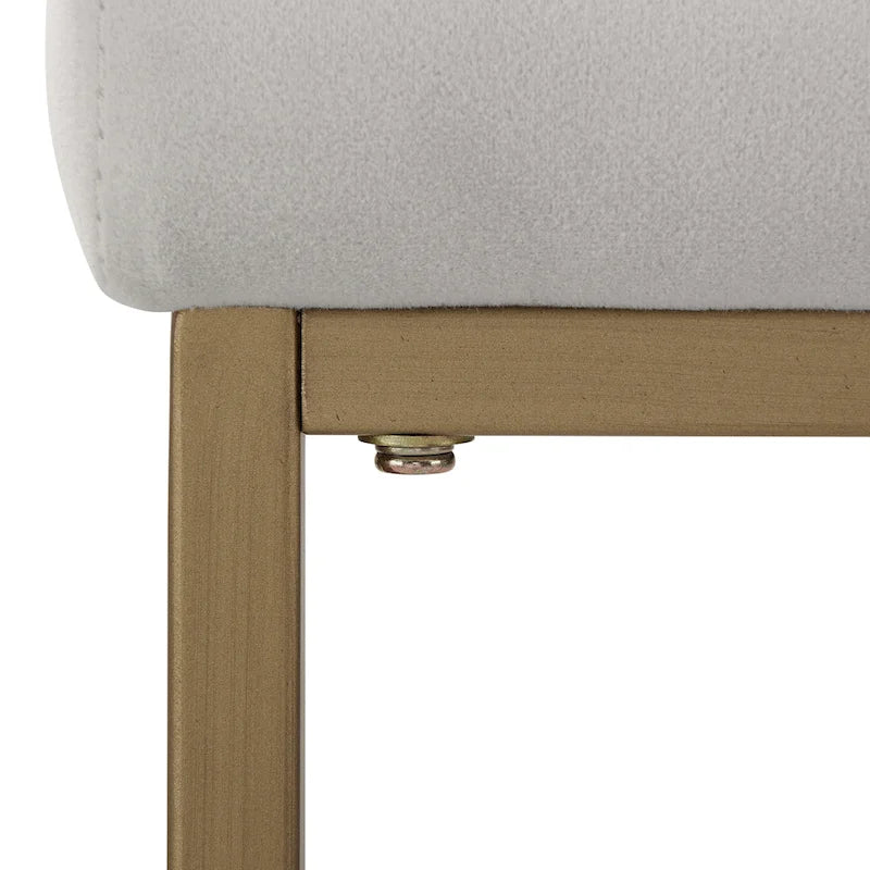 Tabouret de comptoir en velours crème, piètement luge géométrique doré, repose-pieds incurvé