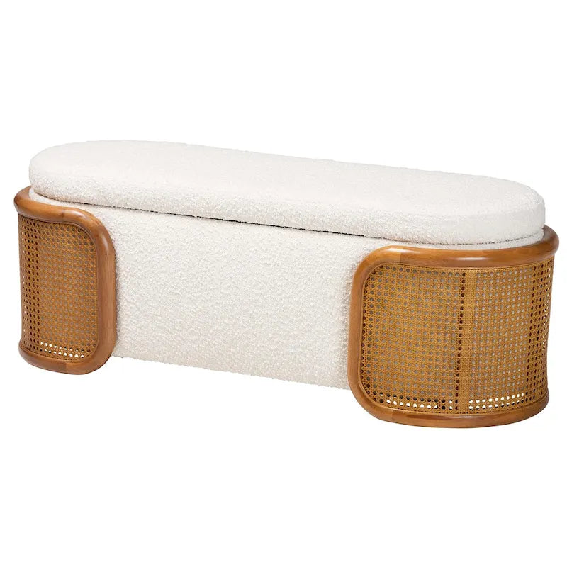Banc de rangement Japandi crème Boucle avec couvercle relevable, pieds en rotin tissé, structure en hévéa