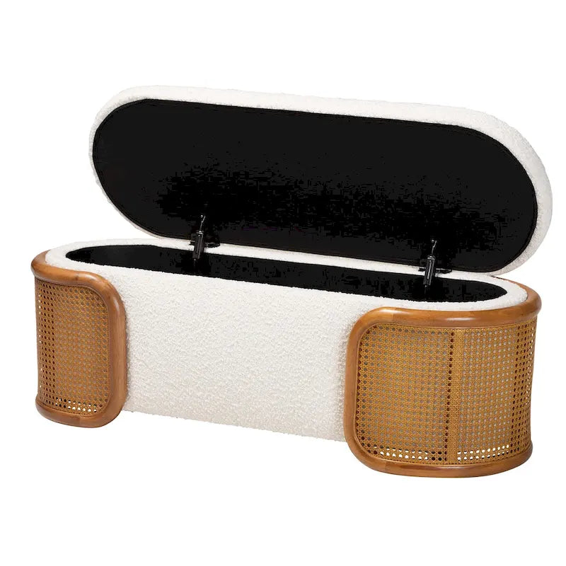 Banc de rangement Japandi crème Boucle avec couvercle relevable, pieds en rotin tissé, structure en hévéa