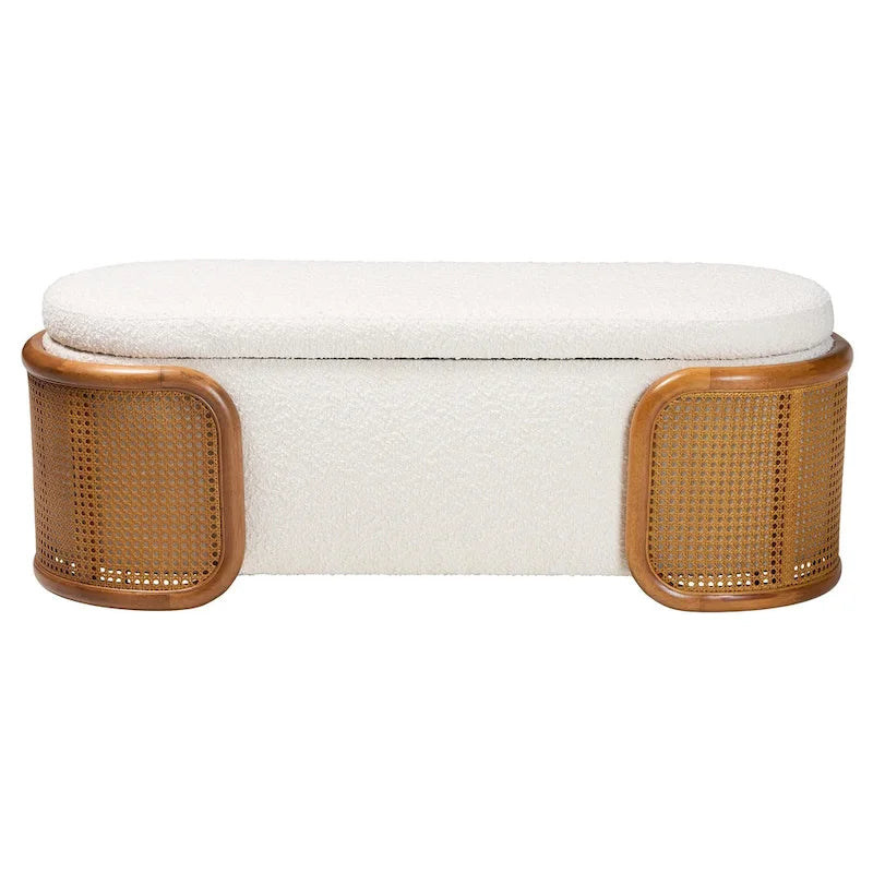 Banc de rangement Japandi crème Boucle avec couvercle relevable, pieds en rotin tissé, structure en hévéa