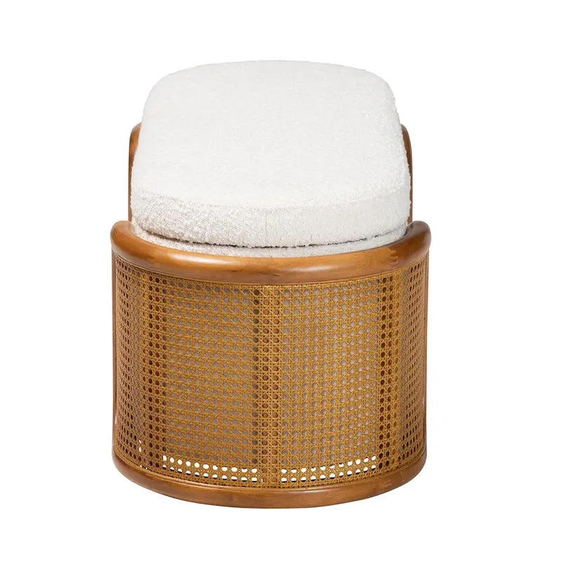 Banc de rangement Japandi crème Boucle avec couvercle relevable, pieds en rotin tissé, structure en hévéa