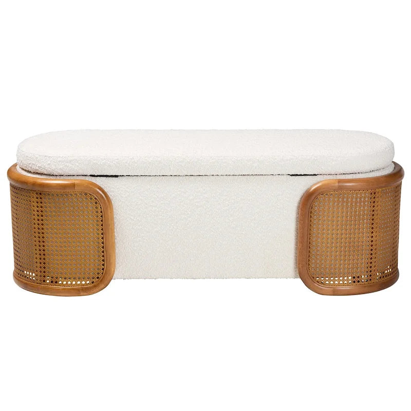 Banc de rangement Japandi crème Boucle avec couvercle relevable, pieds en rotin tissé, structure en hévéa