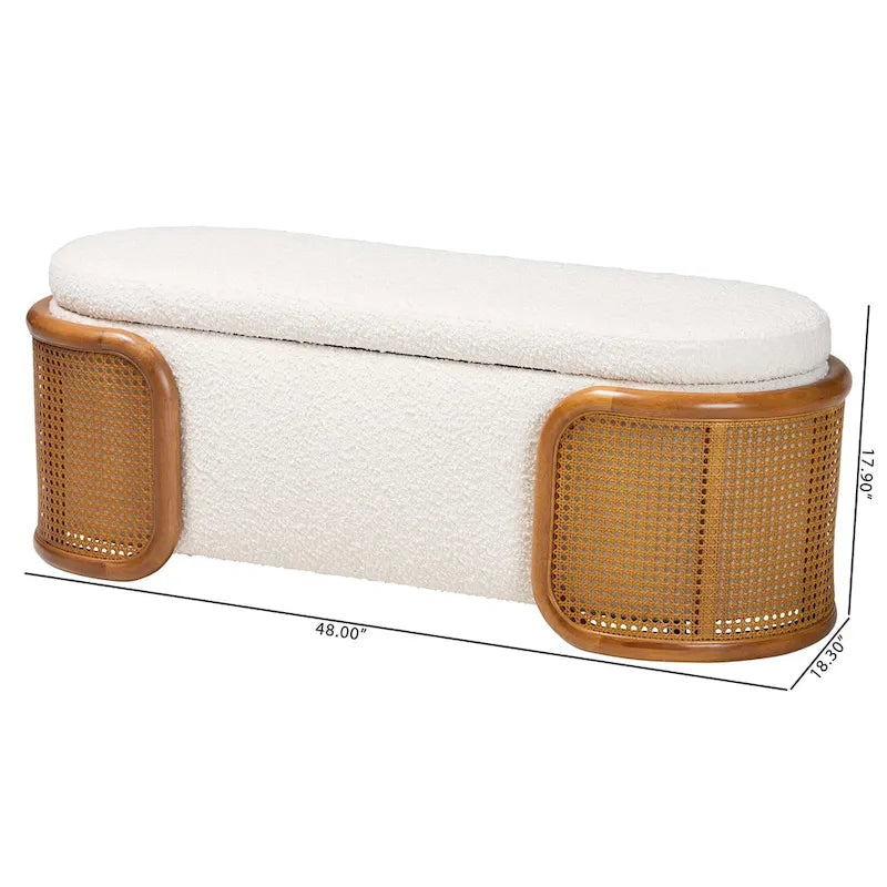 Banc de rangement Japandi crème Boucle avec couvercle relevable, pieds en rotin tissé, structure en hévéa