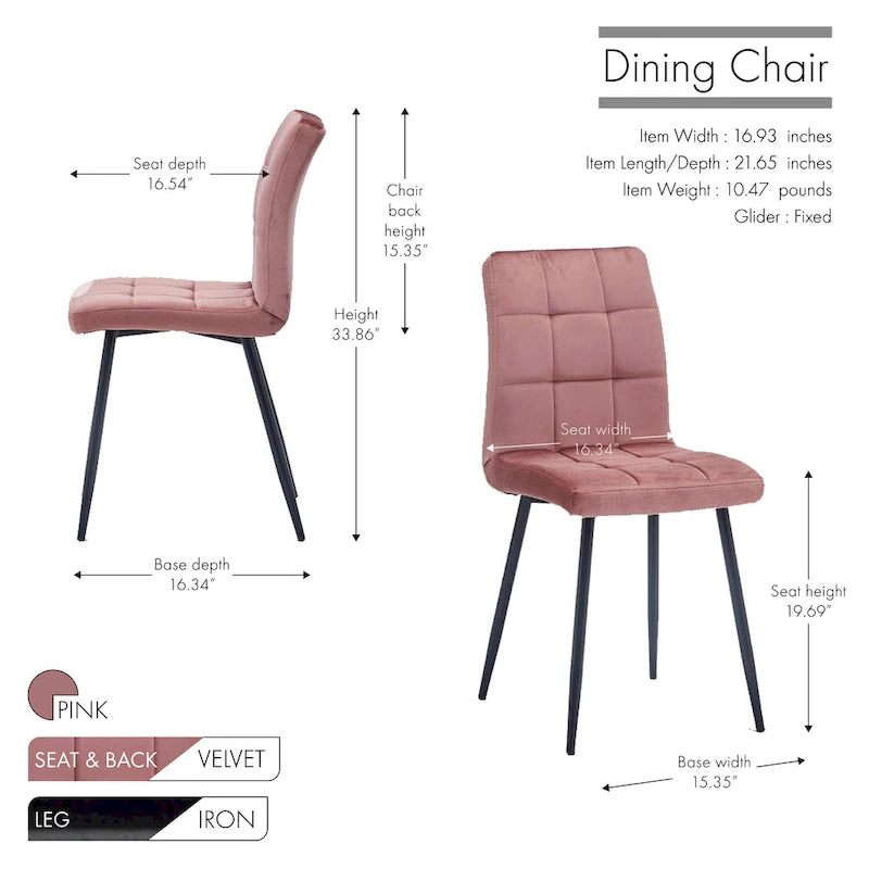 Chaise de salle à manger mi-siècle en velours rose capitonnée pieds en fer inclinés