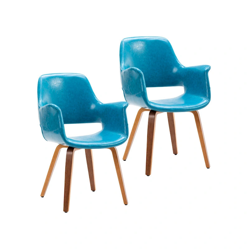 Chaise de salle à manger bleue en cuir PU, résistante à l'eau, dossier profilé, pieds robustes en bois courbé