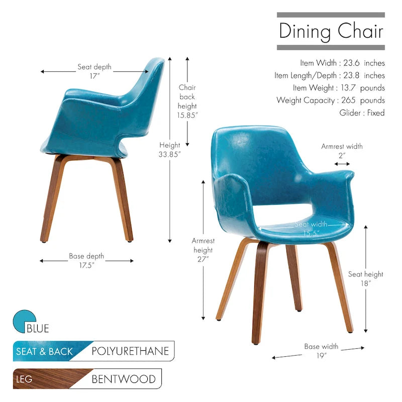 Chaise de salle à manger bleue en cuir PU, résistante à l'eau, dossier profilé, pieds robustes en bois courbé