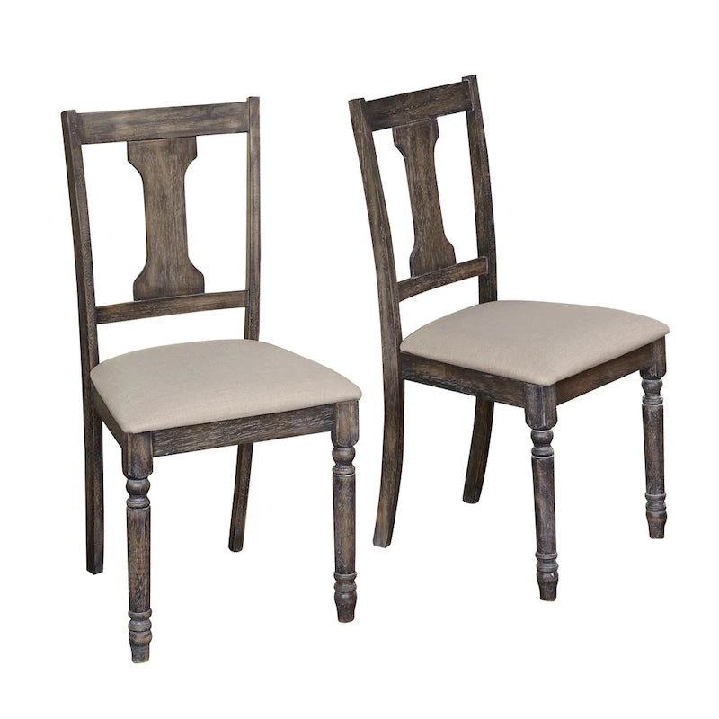 Chaise de salle à manger rustique en bois d'hévéa gris patiné avec pieds tournés, dossier incurvé et coussin en mousse