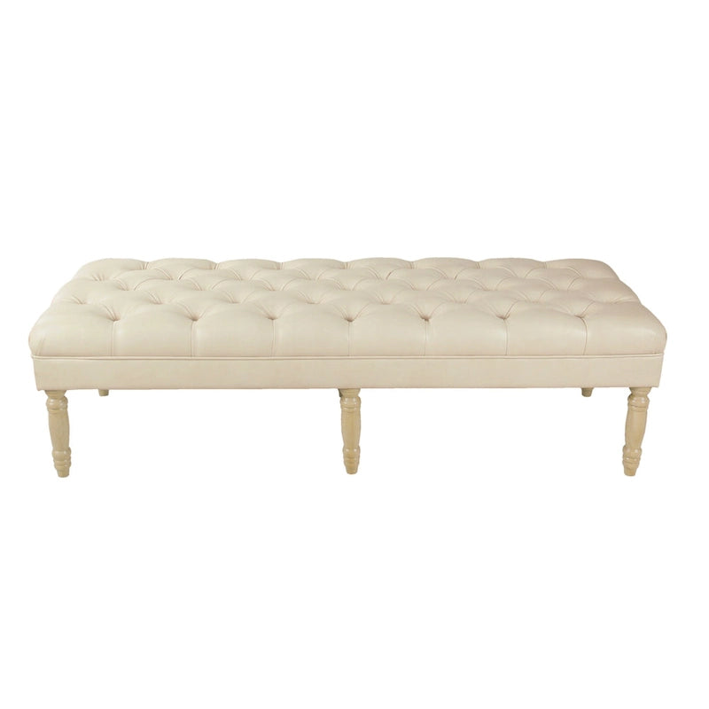 Banc long classique capitonné en similicuir coloris amande, pieds en bois, 6 points de support, bout de lit