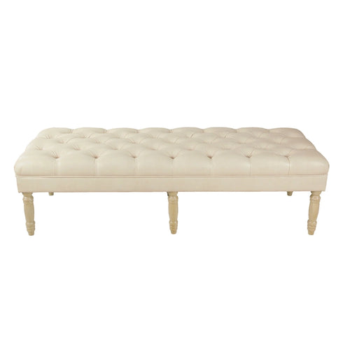 Banc long classique capitonné en similicuir coloris amande, pieds en bois, 6 points de support, bout de lit