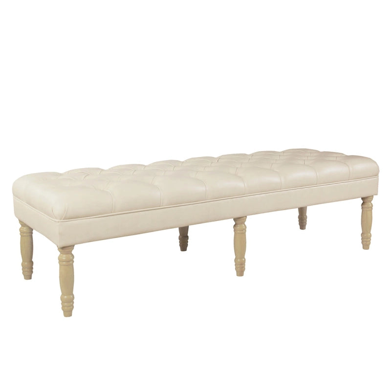 Banc long classique capitonné en similicuir coloris amande, pieds en bois, 6 points de support, bout de lit