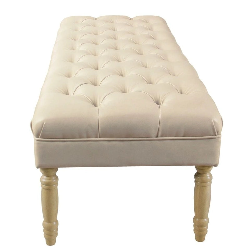 Banc long classique capitonné en similicuir coloris amande, pieds en bois, 6 points de support, bout de lit