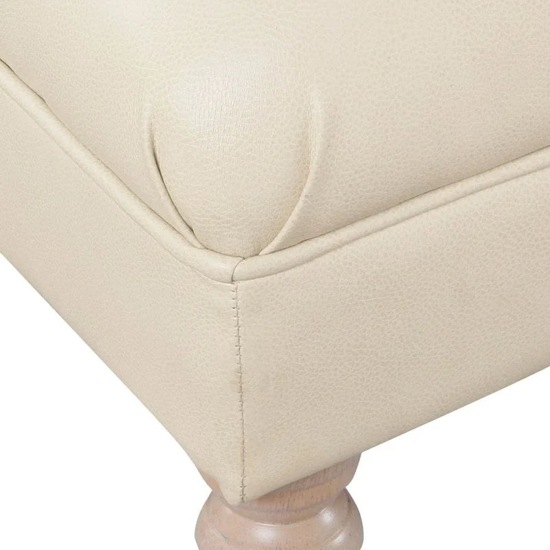 Banc long classique capitonné en similicuir coloris amande, pieds en bois, 6 points de support, bout de lit