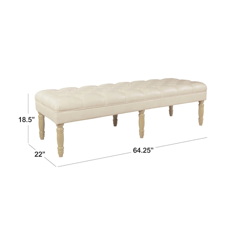Banc long classique capitonné en similicuir coloris amande, pieds en bois, 6 points de support, bout de lit