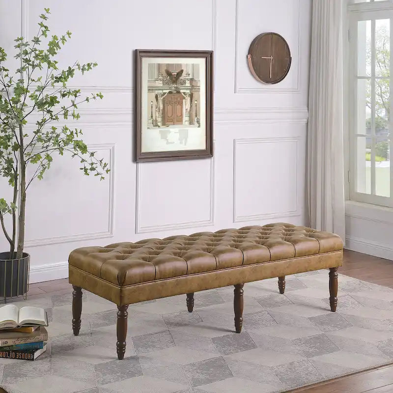 Banc long classique capitonné en similicuir coloris amande, pieds en bois, 6 points de support, bout de lit